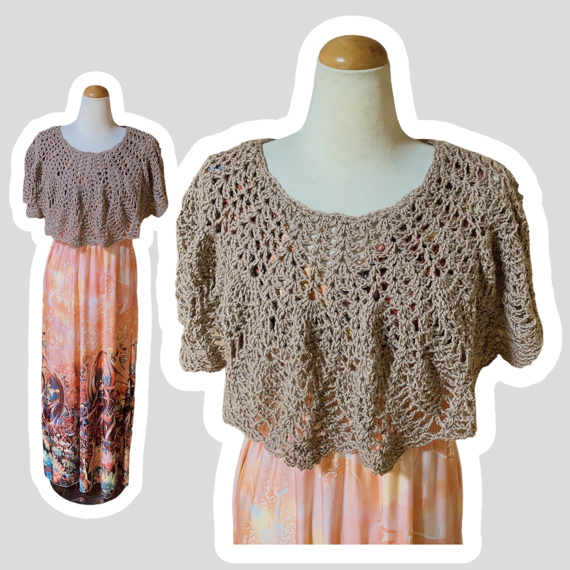 サマーニット　夏　ベージュ　手編み　ワンピース用トップス　フリル　パイナップル模様