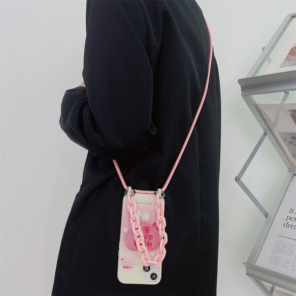 スマホケース ショルダー ピンクのハートiPhoneケース スマホポシェット スマホショルダー ストラップ付 2枚目の画像
