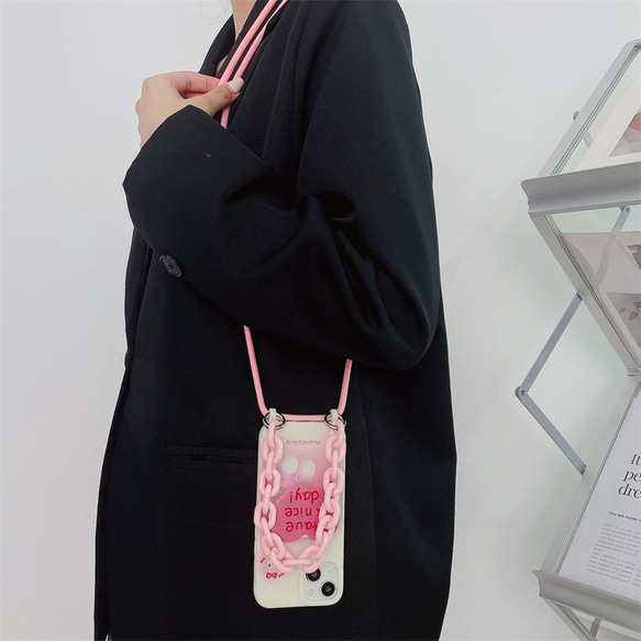 スマホケース ショルダー ピンクのハートiPhoneケース スマホポシェット スマホショルダー ストラップ付 9枚目の画像