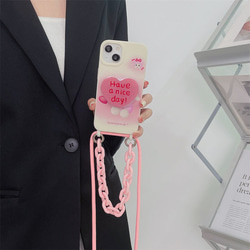 スマホケース ショルダー ピンクのハートiPhoneケース スマホポシェット スマホショルダー ストラップ付 5枚目の画像