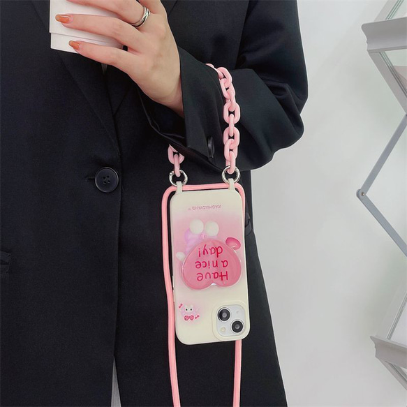 スマホケース ショルダー ピンクのハートiPhoneケース スマホポシェット スマホショルダー ストラップ付 4枚目の画像