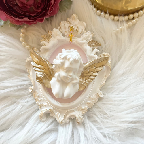 受注制作］アロマストーン 金の羽根 幸運の天使 壁飾り 天使の置き物