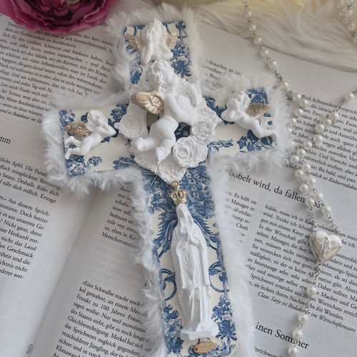 受注販売]天使とマリア様の御守り十字架 壁飾り アロマストーン 天使