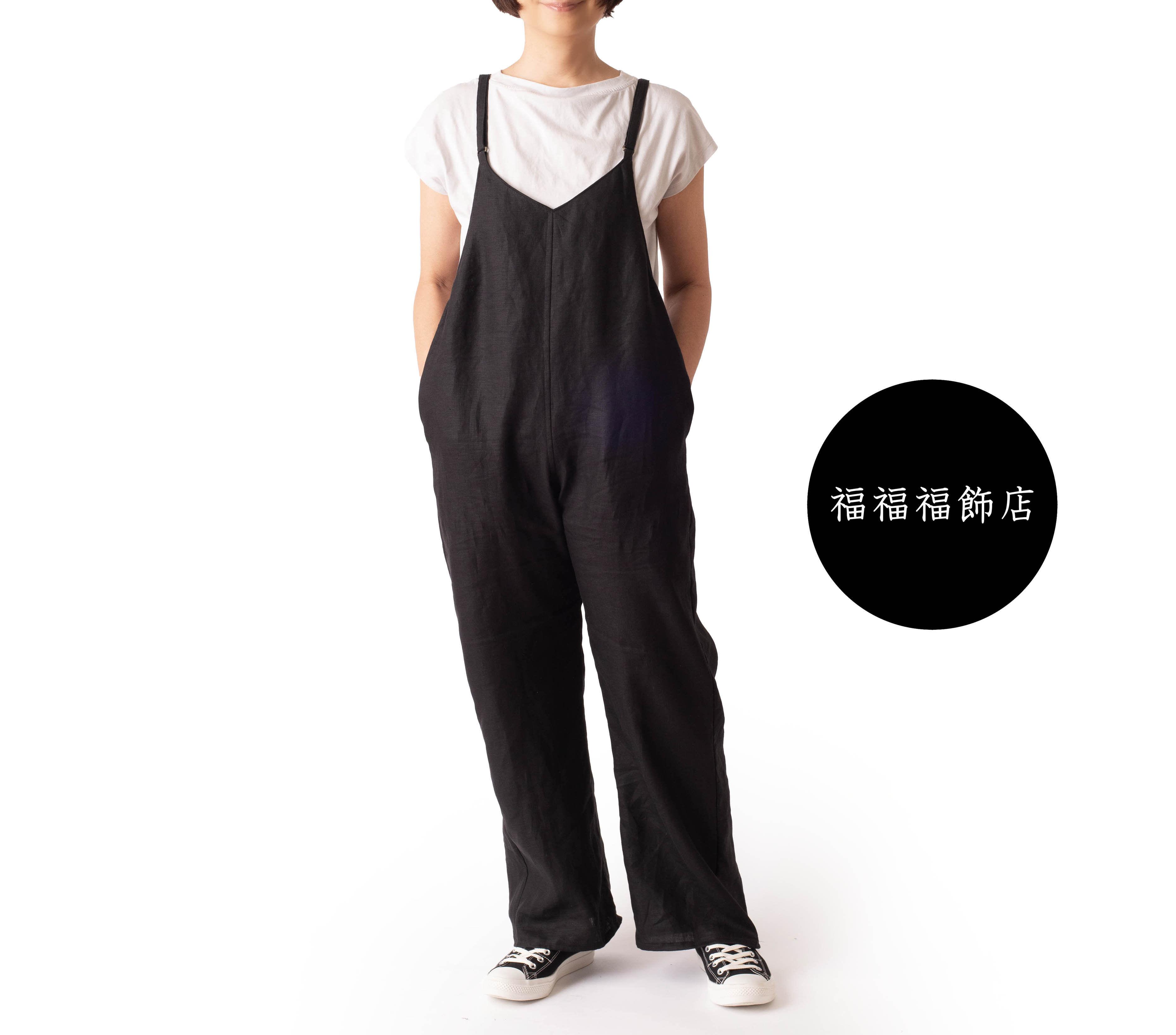 リネン【姿の美しいサロペットパンツ】ストレート　ブラック