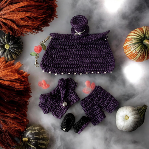 黒猫ドラキュラのバッグチャーム ハロウィン 猫 あみぐるみ レース編み