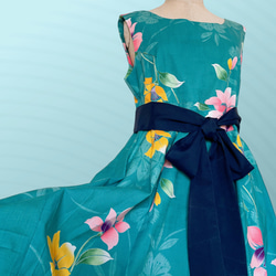 花柄カワイイ ” 浴衣ワンピース ” 膝丈 着物リメイク ワンピース ゆかた 衣装 和柄 グリーン B5812 3枚目の画像
