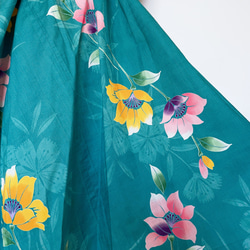 花柄カワイイ ” 浴衣ワンピース ” 膝丈 着物リメイク ワンピース ゆかた 衣装 和柄 グリーン B5812 6枚目の画像
