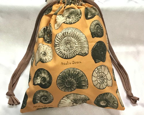 オリジナル生地】アンモナイト化石の巾着ポーチ/ショルダーバッグ
