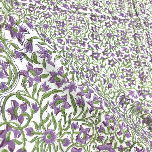 【50cm單位】白紫花綠葉印度手工塊印花布料棉質 第5張的照片