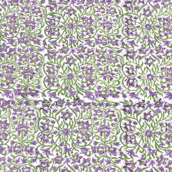 【50cm單位】白紫花綠葉印度手工塊印花布料棉質 第3張的照片