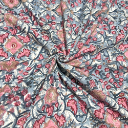 【50cm單位】灰色暗粉色花朵印度手工塊印花布料棉質 第1張的照片