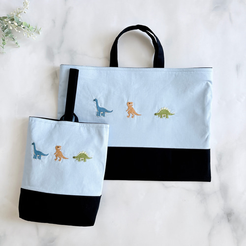 ハンドメイド 恐竜 レッスンバッグ 上履き入れ お弁当入れ 男の子 レッスンバッグ 男の子 小学校 入学準備 袋 セット マチ付き 幼稚園