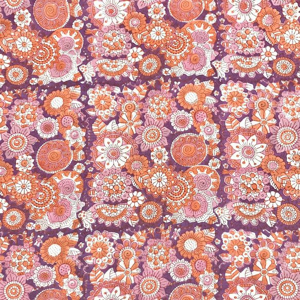 【50cm單位】紫白橙花印度手工塊印花布料棉質 第3張的照片