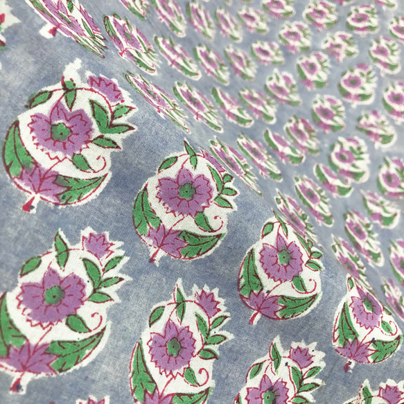 【50cm單位】灰紫綠花帶一耳邊框印度手工塊印花布料棉質 第6張的照片