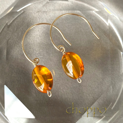 こっくりカラー＊天然アンバー(琥珀)のピアス/イヤリング 14kgf 華奢