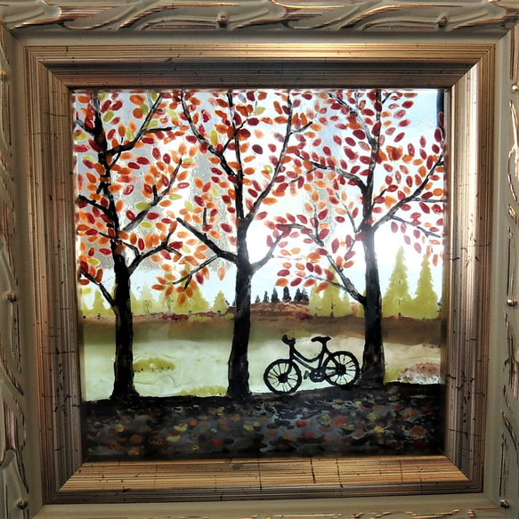 【秋の夕暮れ】GLASS 絵画 額 インテリア 秋 紅葉 自転車 夕暮れ 5枚目の画像