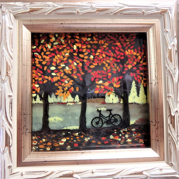 【秋の夕暮れ】GLASS 絵画 額 インテリア 秋 紅葉 自転車 夕暮れ 4枚目の画像