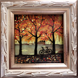 【秋の夕暮れ】GLASS 絵画 額 インテリア 秋 紅葉 自転車 夕暮れ 3枚目の画像