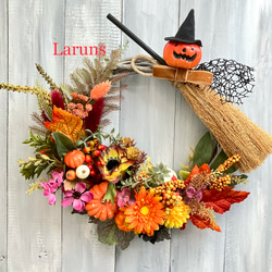 ほうきに乗ったパンプキンゴーストのハロウィンリース リース Laruns