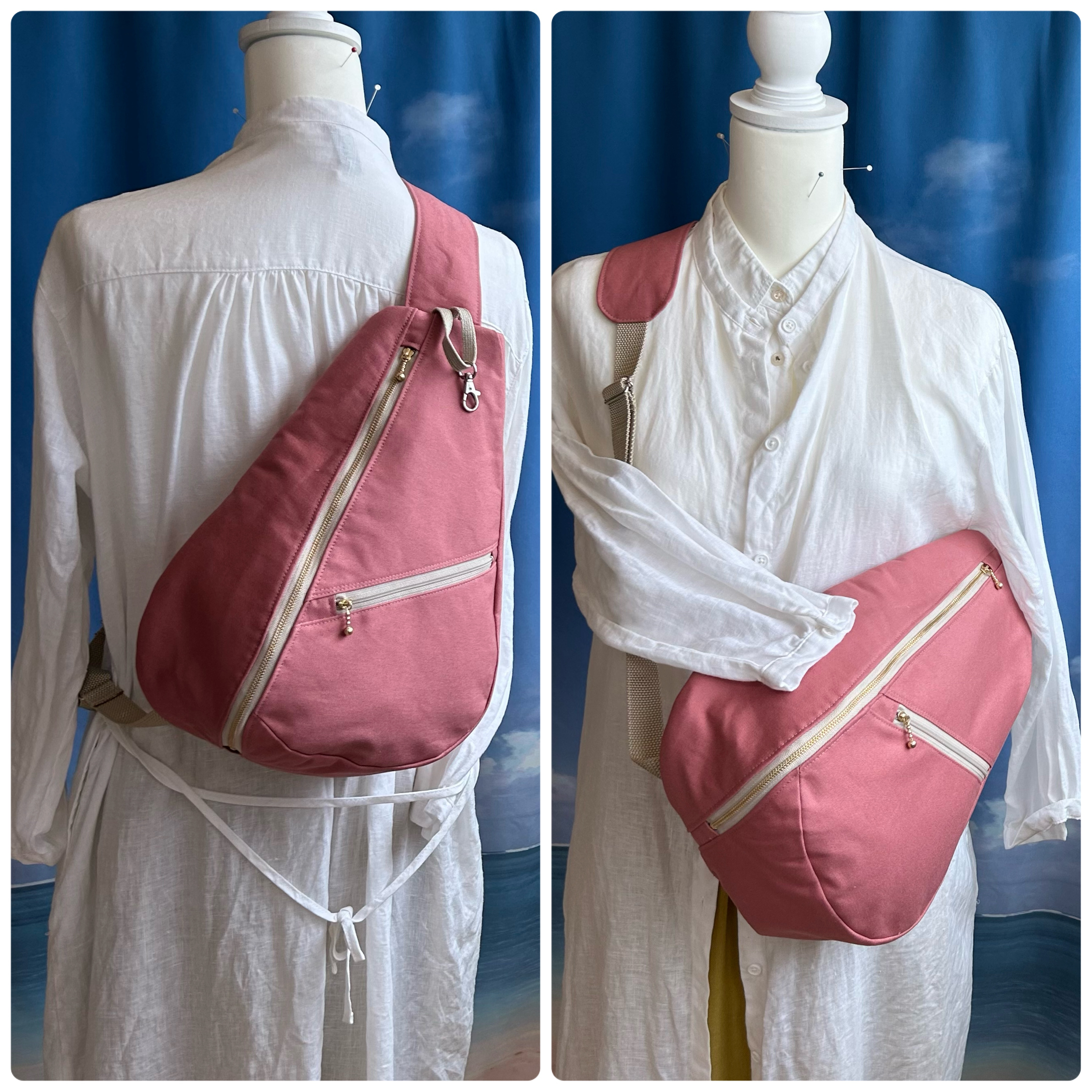 背面ファスナーポケット付き　帆布　しずく型　ワンショルダーバック　ボディーバック　長さ調節可能　スモークピンク