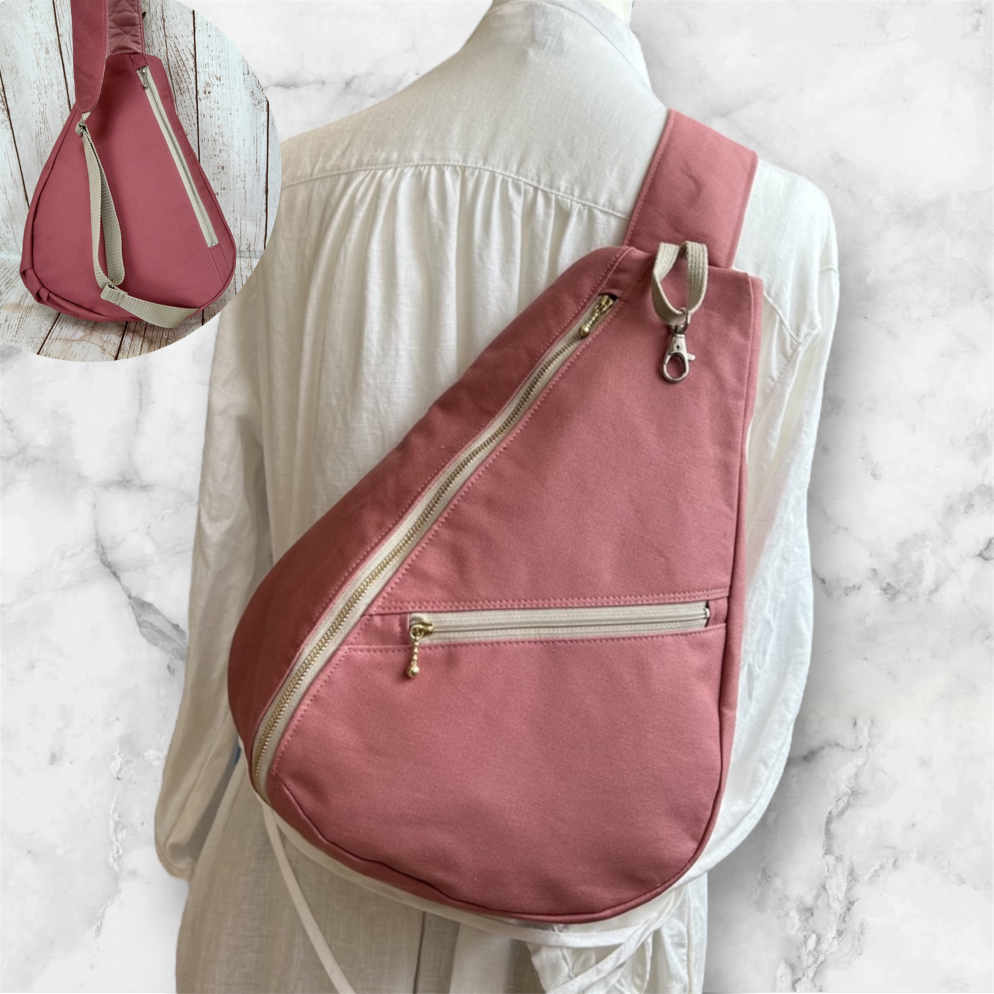 背面ファスナーポケット付き　帆布　しずく型　ワンショルダーバック　ボディーバック　長さ調節可能　スモークピンク