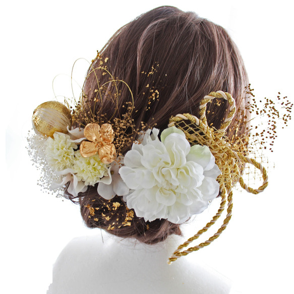 2090 ドライフラワー 成人式 卒業式 和装 結婚式 ウエディング 色打掛 袴 髪飾り 金箔　水引 5枚目の画像