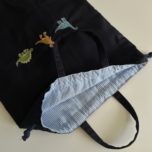 絵本袋　上履き入れ　布団袋　お念珠入れ　ヌビ恐竜刺繍 絵本袋上履き入れ布団袋お念珠入れヌビ恐竜刺繍
