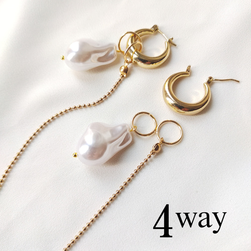 4way ゴールド ピアス アクセサリー フープ ボールチェーン バロック 