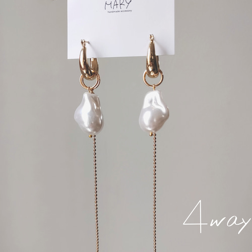 4way ゴールド ピアス アクセサリー フープ ボールチェーン バロック 