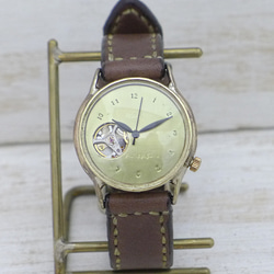 BAM063 33mm黃銅（黃銅）自動上鍊鏤空刻字錶盤【BAM063手工縫製皮帶】 第4張的照片