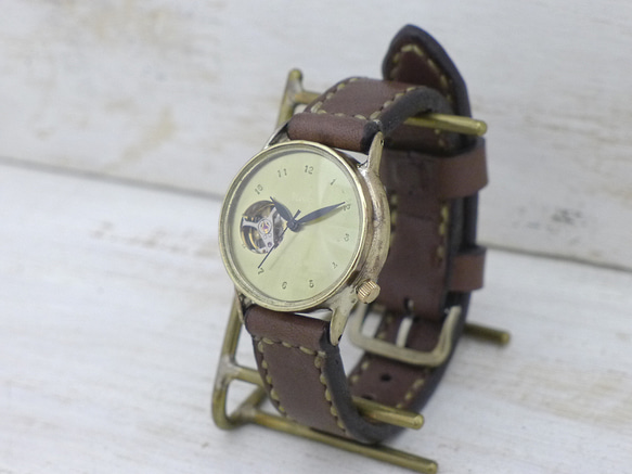 BAM063 33mm黃銅（黃銅）自動上鍊鏤空刻字錶盤【BAM063手工縫製皮帶】 第1張的照片