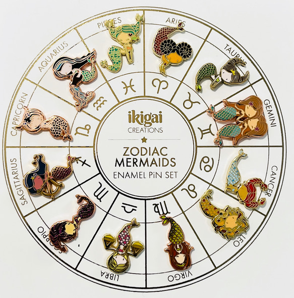かわいいマーメイド 星座シリーズ ピンバッチ 12点セット 白