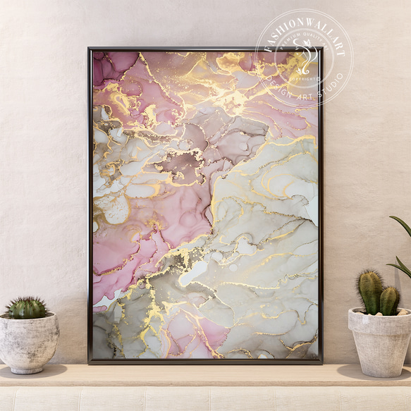 100%正規品 大理石風 アートポスター ピンク 抽象画 マーブル模様 ゴールド 版画