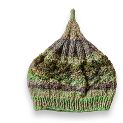 １点限定！　新作！野呂英作毛糸使用どんぐりニット帽子　手編み　ピスタチオグリーングデーション　フリーサイズ・プチギフト 1枚目の画像