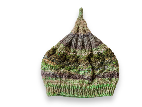 １点限定！　新作！野呂英作毛糸使用どんぐりニット帽子　手編み　ピスタチオグリーングデーション　フリーサイズ・プチギフト 1枚目の画像