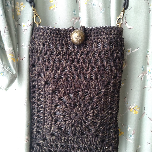 ビンテージ　レース編みポシェット レース編み・スマホポシェット（ブラック） ポシェット パール