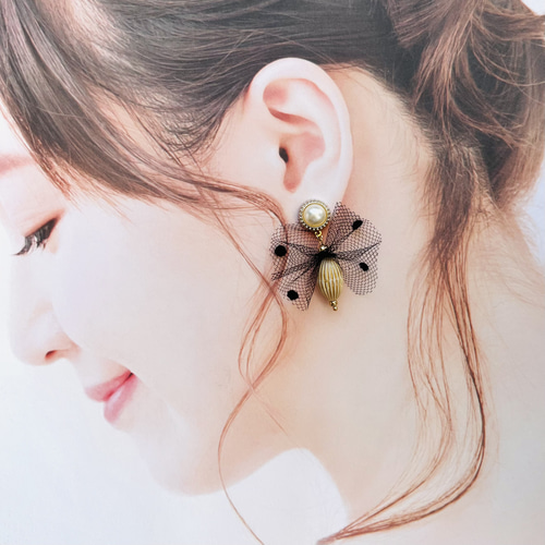 全2色 パール×ドットチュール ビーズ ピアス/イヤリング ピアス