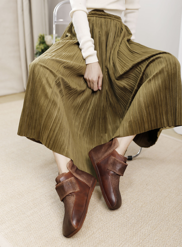 23秋冬新款女式真皮鞋獨特鞋厚底高跟鞋短靴22厘米~25.5厘米#810棕色⭐免運費⭐ 第4張的照片