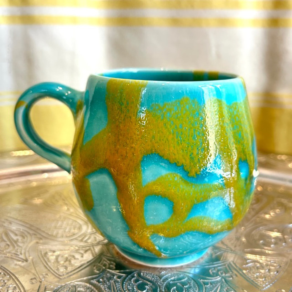 ハネン 地中海陶器 ターコイズブルーにイエローがおしゃれな色合い