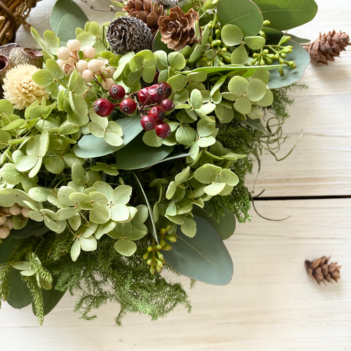 木の実たちとアナベルの秋のハーフリース リース Rosa Cherry 通販