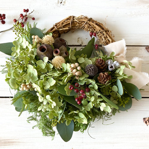 木の実たちとアナベルの秋のハーフリース リース Rosa Cherry 通販