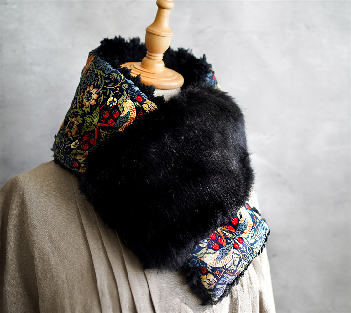 ◆【早割】モリス　いちご泥棒＆発熱ファーのふわもこマフラー④ネイビー◆ネックウォーマー