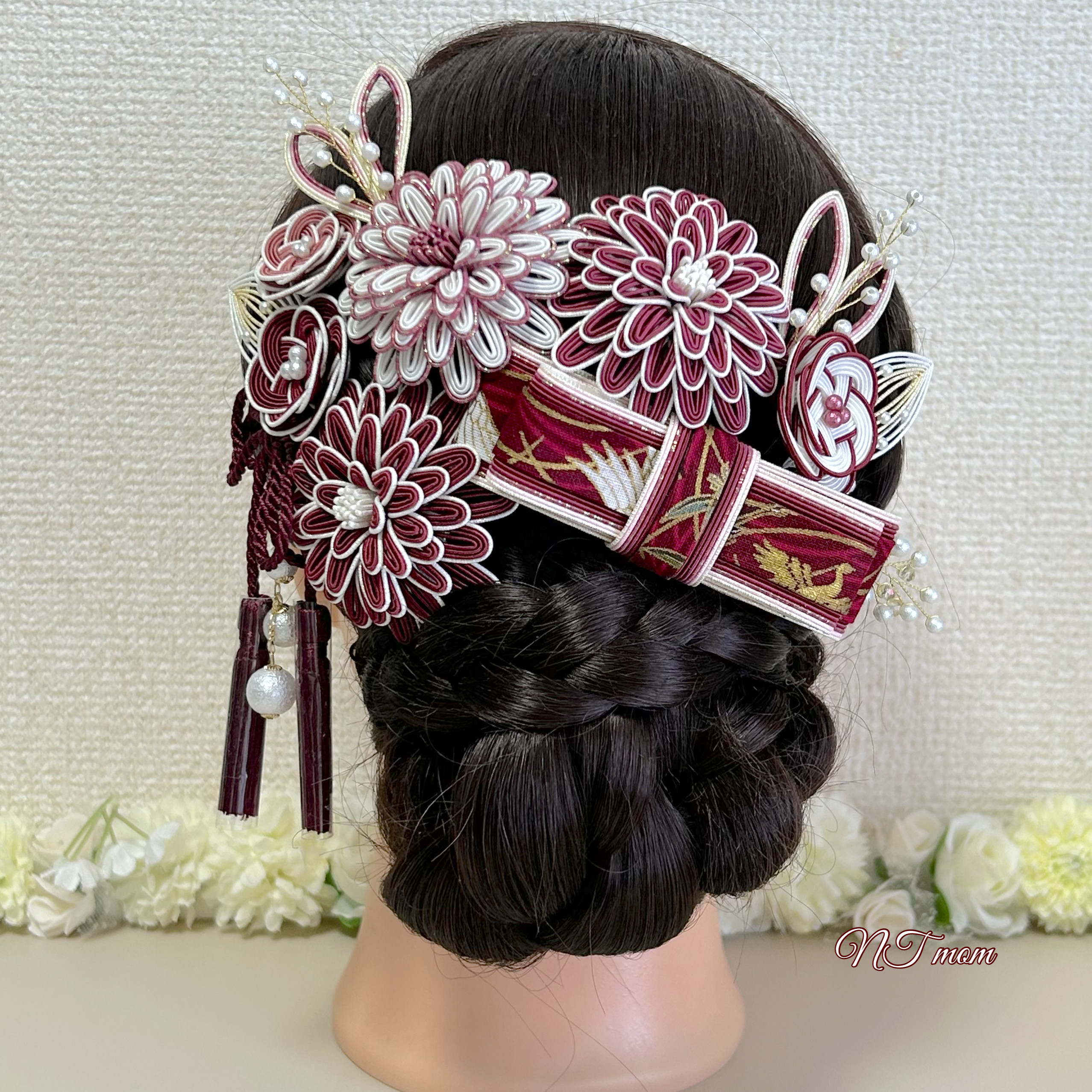 結婚式成人式卒業式・和装水引髪飾り・13点セット・白ボルドー