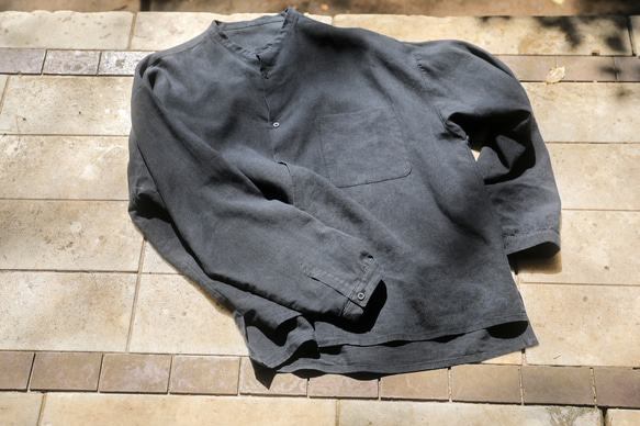 フレンチ ギャザーシャツ　コットンリネンシーチング　メンズ　ユニセックス　S、M、L、XL、XXLサイズ 4枚目の画像