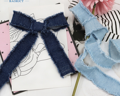 ☆デニムフリンジ付きリボン☆ リボン・テープ バンメイド素材