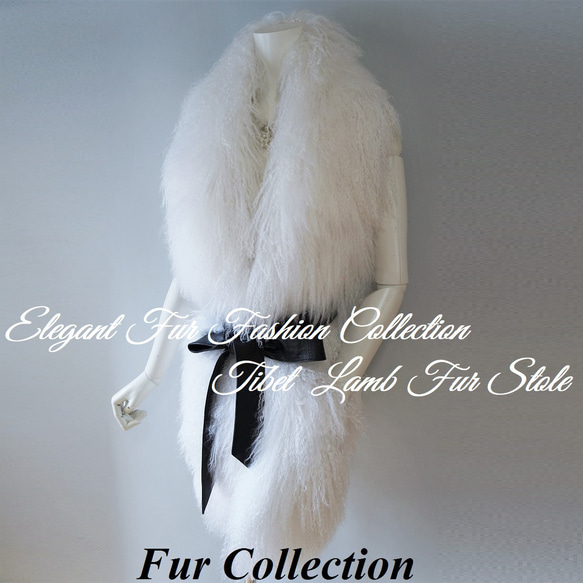 優雅な存在感ホワイトチベットラムファーポケット付毛皮ロングマフラーファーストール 1枚目の画像