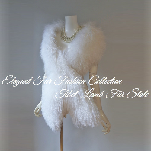 優雅な存在感ホワイトチベットラムファーポケット付毛皮ロングマフラー  