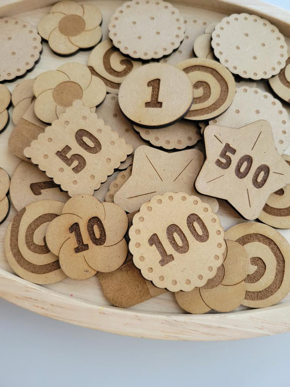 【Play Coins -cookies-　　Mサイズ】 クッキーの形の木のお金　おままごと　お金　モンテッソーリ　コイ 3枚目の画像