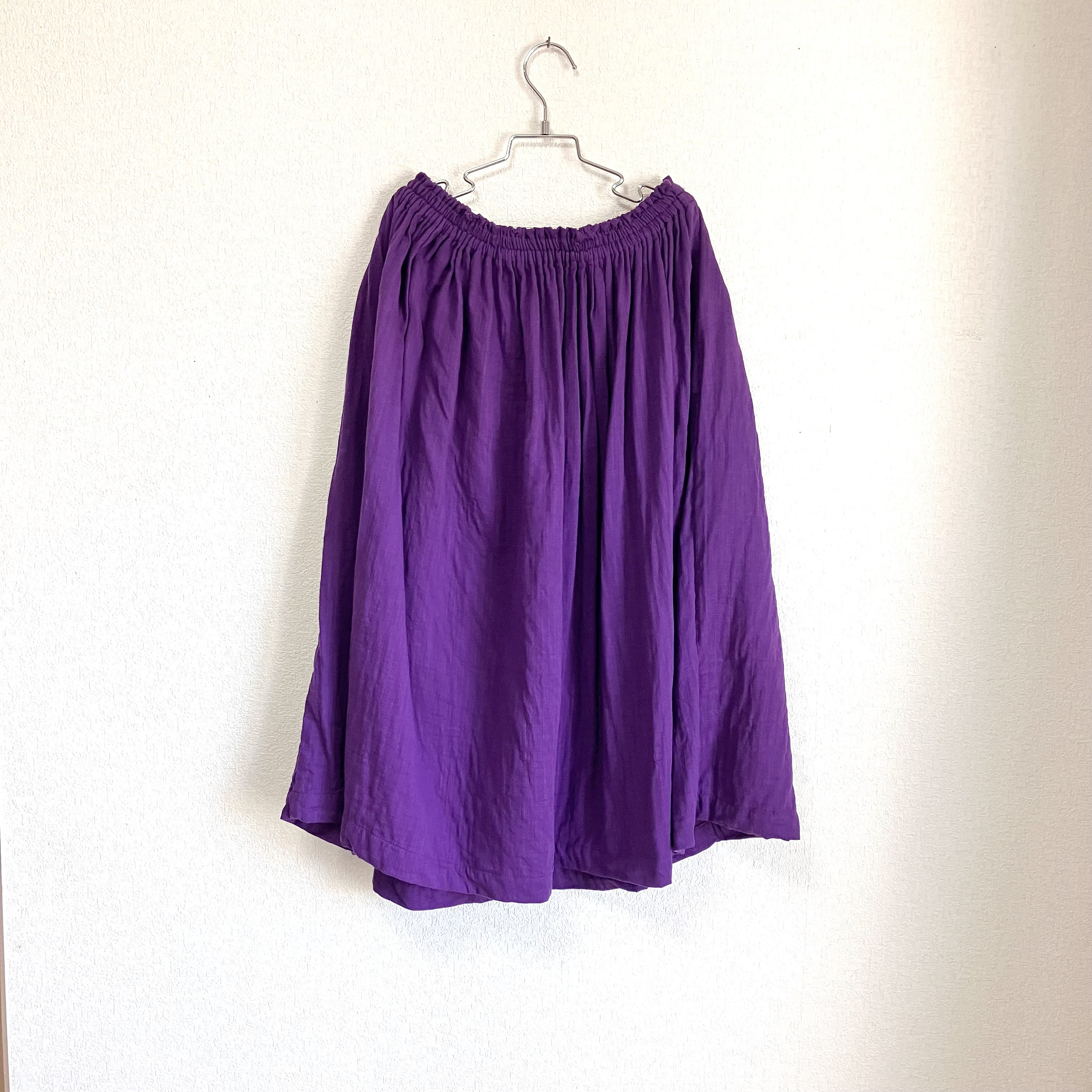 スラブダブルガーゼ　ミモレ丈ギャザースカート（パープル）総丈70㎝