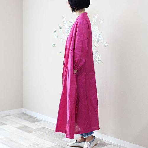 スタンドカラーリネンカシュクールコートワンピース【マゼンタピンク